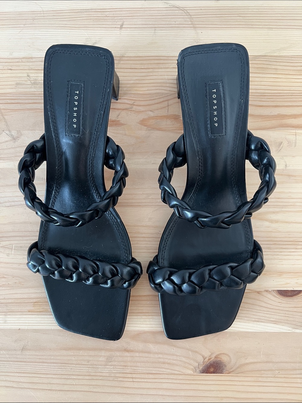 Topshop Black Braided Double-Strap Square-Toe Heels
